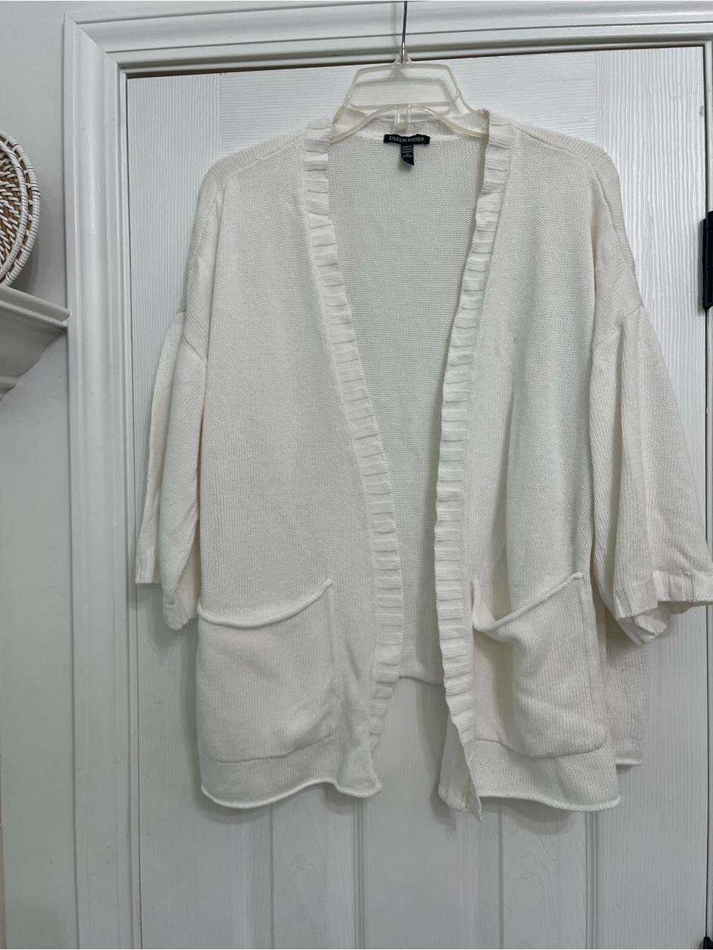 Eileen Fisher White Open-Front Linen & Cotton Blend Cardigan Sweater